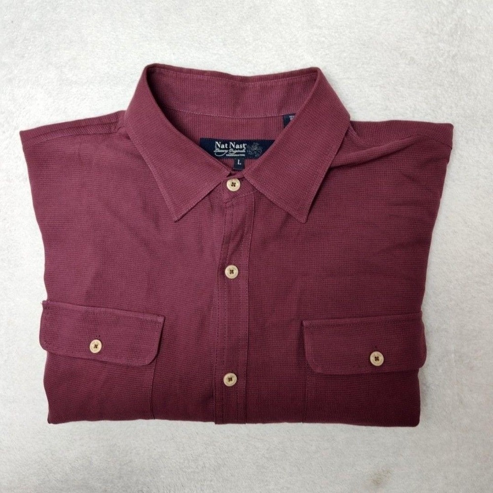 Nat Nast‎ Shirt Mens L Red Silk Solid Button-Up Long Sleeve Woven Cotton Casual